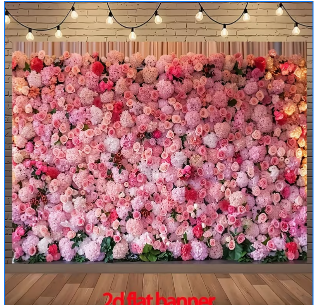 Blush rose flower wall backdrop with string lights, ready for event photos