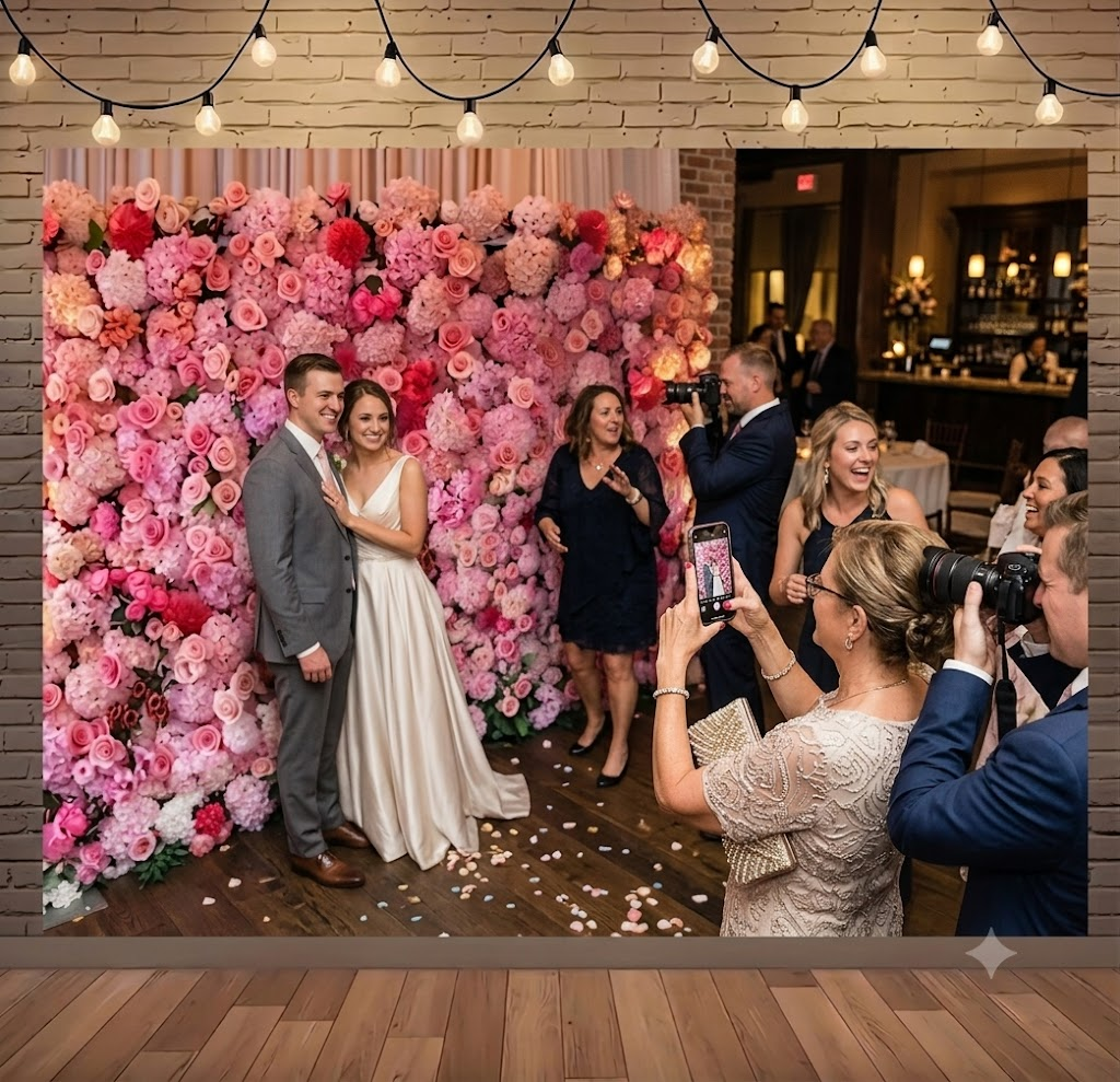 Couple posing for photos at the flower wall with guests