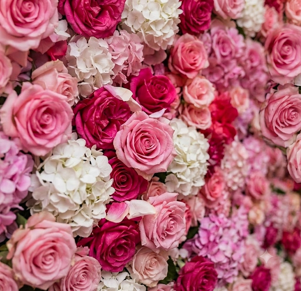 Close-up detail of pink roses and white hydrangeas on the flower wall