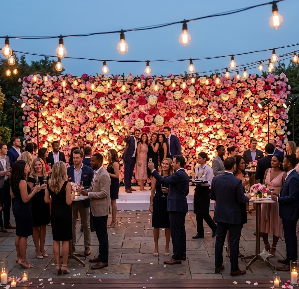Evening event with guests celebrating in front of the lit-up flower wall